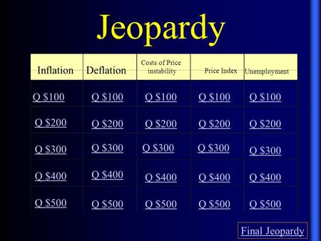 Jeopardy InflationDeflation Costs of Price instability Price Index Unemployment Q $100 Q $200 Q $300 Q $400 Q $500 Q $100 Q $200 Q $300 Q $400 Q $500 Final.