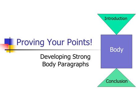 Proving Your Points! Developing Strong Body Paragraphs Body Introduction Conclusion.