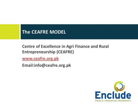 Centre of Excellence in Agri Finance and Rural Entrepreneurship (CEAFRE)  The CEAFRE MODEL.