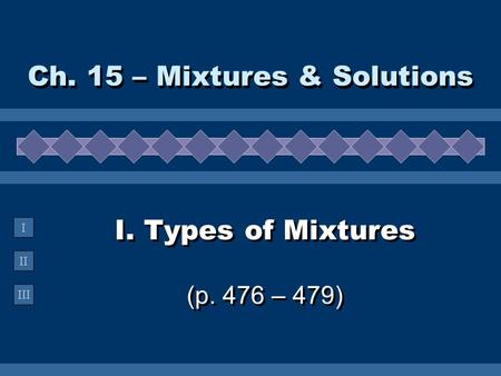 II III I I. Types of Mixtures (p. 476 – 479) Ch. 15 – Mixtures & Solutions.