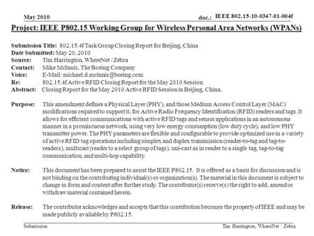 Doc.: IEEE 802.15-10-0223-00-004f Submission May 2010 Tim Harrington, WhereNet / Zebra Project: IEEE P802.15 Working Group for Wireless Personal Area Networks.