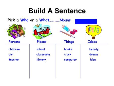 Build A Sentence Pick a Who or a What…………Nouns children school books beauty girl classroom clock dream teacher library computer idea Persons Places Things.