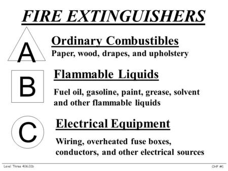 A B C FIRE EXTINGUISHERS Ordinary Combustibles Paper, wood, drapes, and upholstery Flammable Liquids Fuel oil, gasoline, paint, grease, solvent and other.
