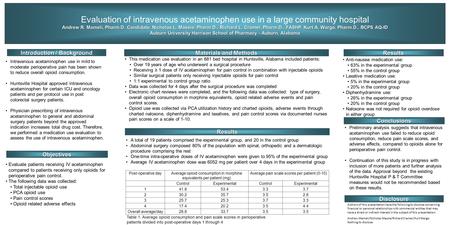 Evaluation of intravenous acetaminophen use in a large community hospital Andrew R. Mameli, Pharm.D. Candidate, Nicholas L. Massie, Pharm.D., Richard L.