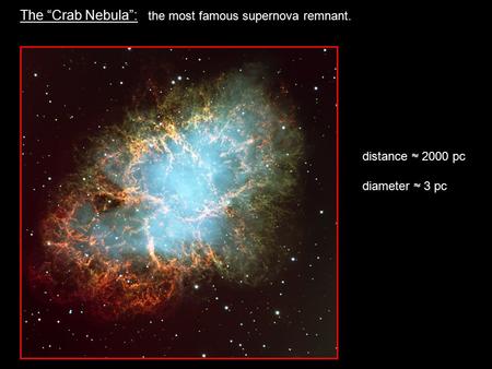 The “Crab Nebula”: the most famous supernova remnant. distance  2000 pc diameter  3 pc.