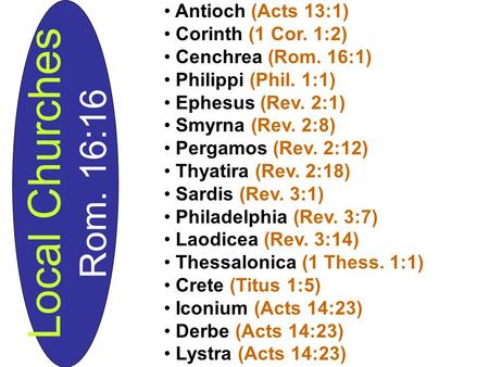 Local Churches Rom. 16:16 Antioch (Acts 13:1) Corinth (1 Cor. 1:2) Cenchrea (Rom. 16:1) Philippi (Phil. 1:1) Ephesus (Rev. 2:1) Smyrna (Rev. 2:8) Pergamos.