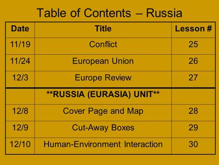 Table of Contents – Russia DateTitleLesson # 11/19Conflict25 11/24European Union26 12/3Europe Review27 **RUSSIA (EURASIA) UNIT** 12/8Cover Page and Map28.
