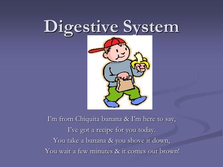 Digestive System I’m from Chiquita banana & I’m here to say, I’ve got a recipe for you today. You take a banana & you shove it down, You wait a few minutes.