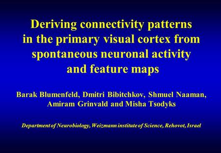 Deriving connectivity patterns in the primary visual cortex from spontaneous neuronal activity and feature maps Barak Blumenfeld, Dmitri Bibitchkov, Shmuel.