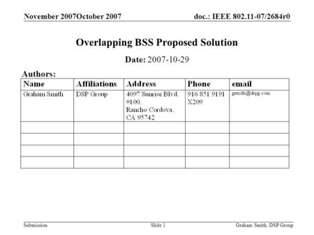Doc.: IEEE 802.11-07/2684r0 Submission November 2007October 2007 Graham Smith, DSP GroupSlide 1 Overlapping BSS Proposed Solution Date: 2007-10-29 Authors: