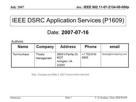 July 2007 T. M. Kurihara, Chair, IEEE P1609Slide 1 doc: IEEE 802.11-07-2134-00-000p Submission IEEE DSRC Application Services (P1609) Date: 2007-07-16.