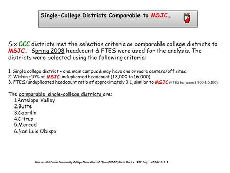 Six CCC districts met the selection criteria as comparable college districts to MSJC. Spring 2008 headcount & FTES were used for the analysis. The districts.
