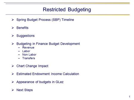 1  Spring Budget Process (SBP) Timeline  Benefits  Suggestions  Budgeting in Finance Budget Development –Revenue –Labor –Non Labor –Transfers  Chart.