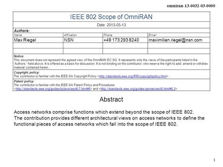 Omniran-13-0032-03-0000 1 IEEE 802 Scope of OmniRAN Date: 2013-05-13 Authors: NameAffiliationPhone Max RiegelNSN+49 173 293