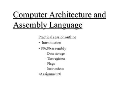 Computer Architecture and Assembly Language Practical session outline Introduction 80x86 assembly –Data storage –The registers –Flags –Instructions Assignment.