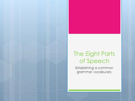 The Eight Parts of Speech Establishing a common grammar vocabulary.