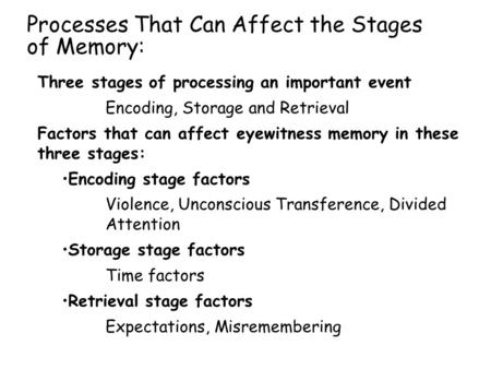 Processes That Can Affect the Stages of Memory: Three stages of processing an important event Encoding, Storage and Retrieval Factors that can affect eyewitness.