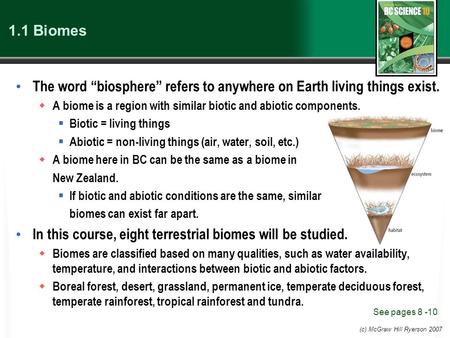 (c) McGraw Hill Ryerson 2007 1.1 Biomes The word “biosphere” refers to anywhere on Earth living things exist.  A biome is a region with similar biotic.
