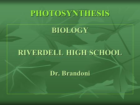 PHOTOSYNTHESIS BIOLOGY RIVERDELL HIGH SCHOOL Dr. Brandoni.
