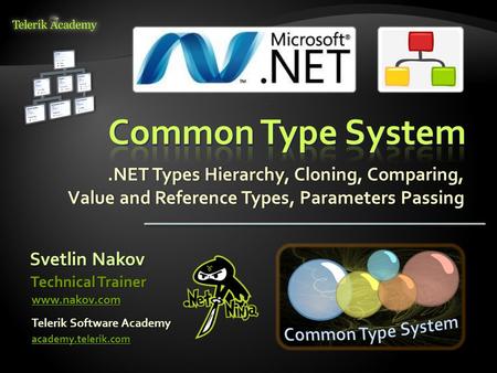 .NET Types Hierarchy, Cloning, Comparing, Value and Reference Types, Parameters Passing Svetlin Nakov Telerik Software Academy academy.telerik.com Technical.