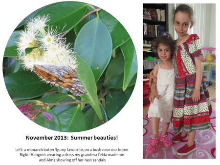 November 2013: Summer beauties! Left: a monarch butterfly, my favourite, on a bush near our home Right: Hahgoot wearing a dress my grandma Zelda made me.