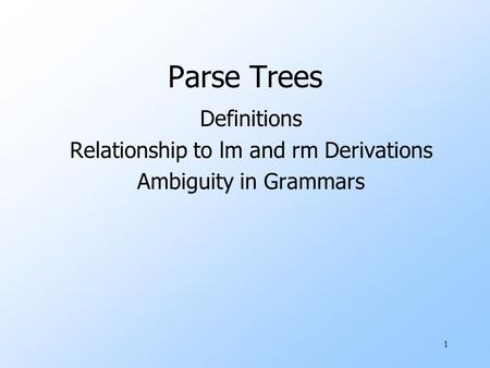 1 Parse Trees Definitions Relationship to lm and rm Derivations Ambiguity in Grammars.