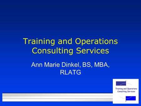 YOUR LOGO HERE Training and Operations Consulting Services Ann Marie Dinkel, BS, MBA, RLATG.