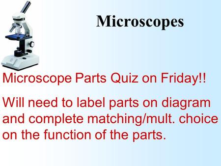 Microscopes Microscope Parts Quiz on Friday!!