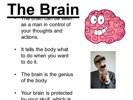 The Brain The brain can be seen as a man in control of your thoughts and actions. It tells the body what to do when you want to do it. The brain is the.