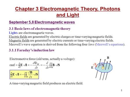 1 Chapter 3 Electromagnetic Theory, Photons and Light September 5,8 Electromagnetic waves 3.1 Basic laws of electromagnetic theory Lights are electromagnetic.