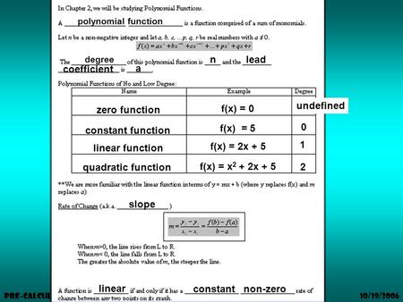 10/19/2006 Pre-Calculus polynomial function degree nlead coefficient 1 a zero function f(x) = 0 undefined constant function f(x) = 5 0 linear function.