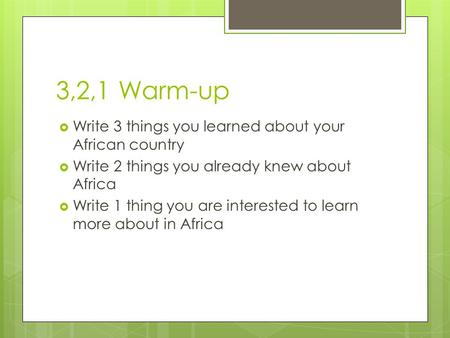 3,2,1 Warm-up  Write 3 things you learned about your African country  Write 2 things you already knew about Africa  Write 1 thing you are interested.