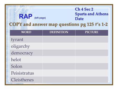 Ch 4 Sec 2 Sparta and Athens Date COPY and answer map questions pg 125 #’s 1-2 RAP (left page) WORDDEFINITIONPICTURE tyrant oligarchy democracy helot Solon.