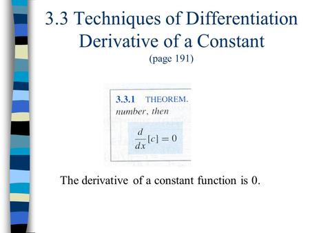 3.3 Techniques of Differentiation Derivative of a Constant (page 191) The derivative of a constant function is 0.