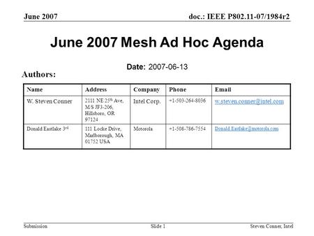 Doc.: IEEE P802.11-07/1984r2 Submission June 2007 Steven Conner, IntelSlide 1 June 2007 Mesh Ad Hoc Agenda Date: 2007-06-13 Authors: NameAddressCompanyPhoneEmail.