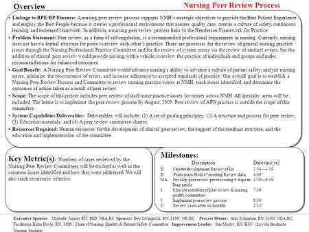 Nursing Peer Review Process Overview Linkage to BPE/BP/Finance: A nursing peer review process supports NMH’s strategic objectives to provide the Best Patient.