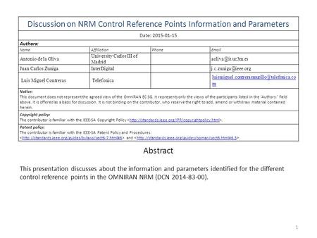 Discussion on NRM Control Reference Points Information and Parameters Date: 2015-01-15 Authors: NameAffiliationPhoneEmail Antonio de la Oliva University.
