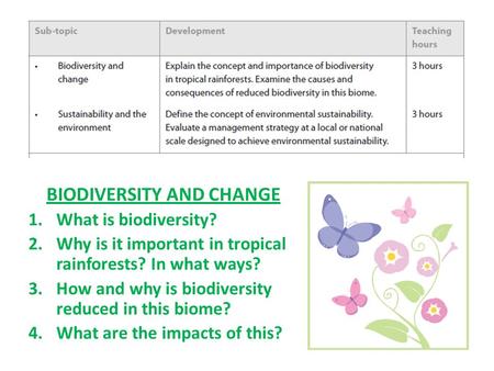 BIODIVERSITY AND CHANGE 1.What is biodiversity? 2.Why is it important in tropical rainforests? In what ways? 3.How and why is biodiversity reduced in this.