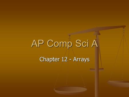 AP Comp Sci A Chapter 12 - Arrays. Ch 12 Goals: Goals: Declare and create arrays Declare and create arrays Access elements in arrays Access elements in.