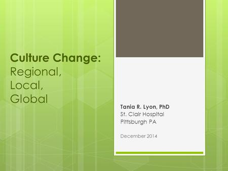 Culture Change: Regional, Local, Global Tania R. Lyon, PhD St. Clair Hospital Pittsburgh PA December 2014.