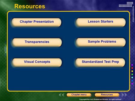Copyright © by Holt, Rinehart and Winston. All rights reserved. ResourcesChapter menu Chapter Presentation Transparencies Lesson Starters Standardized.