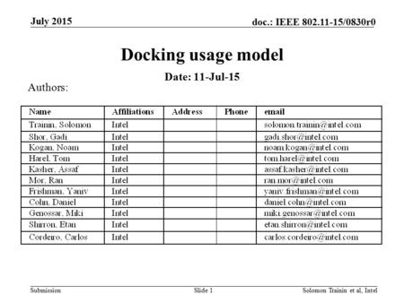 Submission doc.: IEEE 802.11-15/0830r0 July 2015 Solomon Trainin et al, IntelSlide 1 Docking usage model Date: 11-Jul-15 Authors: