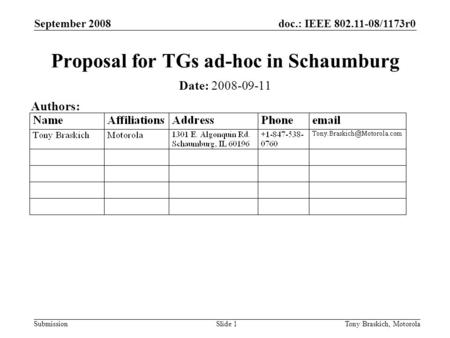 Doc.: IEEE 802.11-08/1173r0 Submission September 2008 Tony Braskich, MotorolaSlide 1 Proposal for TGs ad-hoc in Schaumburg Date: 2008-09-11 Authors: