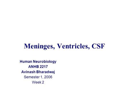 Meninges, Ventricles, CSF Human Neurobiology ANHB 2217 Avinash Bharadwaj Semester 1, 2006 Week 2.
