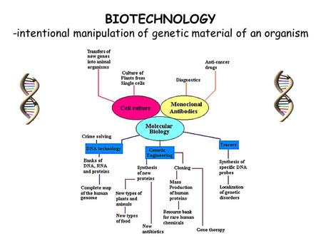 BIOTECHNOLOGY -intentional manipulation of genetic material of an organism.