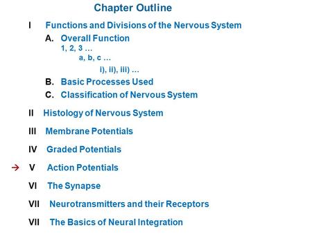 Chapter Outline I Functions and Divisions of the Nervous System A. Overall Function 1, 2, 3 … a, b, c … i), ii), iii) … B. Basic Processes Used C. Classification.