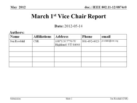 Doc.: IEEE 802.11-12/0874r0 Submission May 2012 Jon Rosdahl (CSR)Slide 1 March 1 st Vice Chair Report Date: 2012-05-14 Authors: