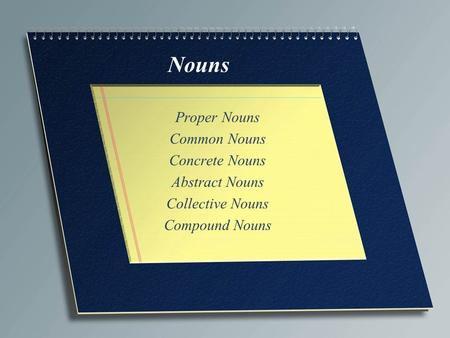 Nouns Proper Nouns Common Nouns Concrete Nouns Abstract Nouns Collective Nouns Compound Nouns.