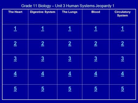Grade 11 Biology – Unit 3 Human Systems Jeopardy 1 The HeartDigestive SystemThe LungsBloodCirculatory System 11111 22222 33333 44444 55555.
