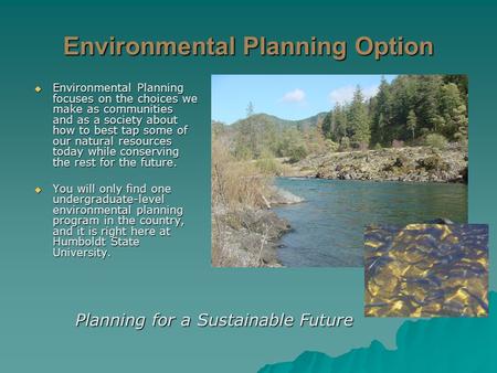 Environmental Planning Option  Environmental Planning focuses on the choices we make as communities and as a society about how to best tap some of our.